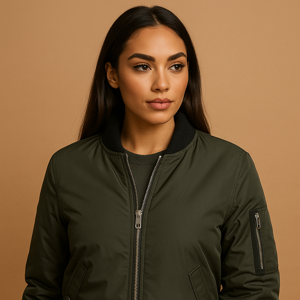 Women's lightweight bomber jacket in black, green, and red, ideal for casual summer days and stylish layering