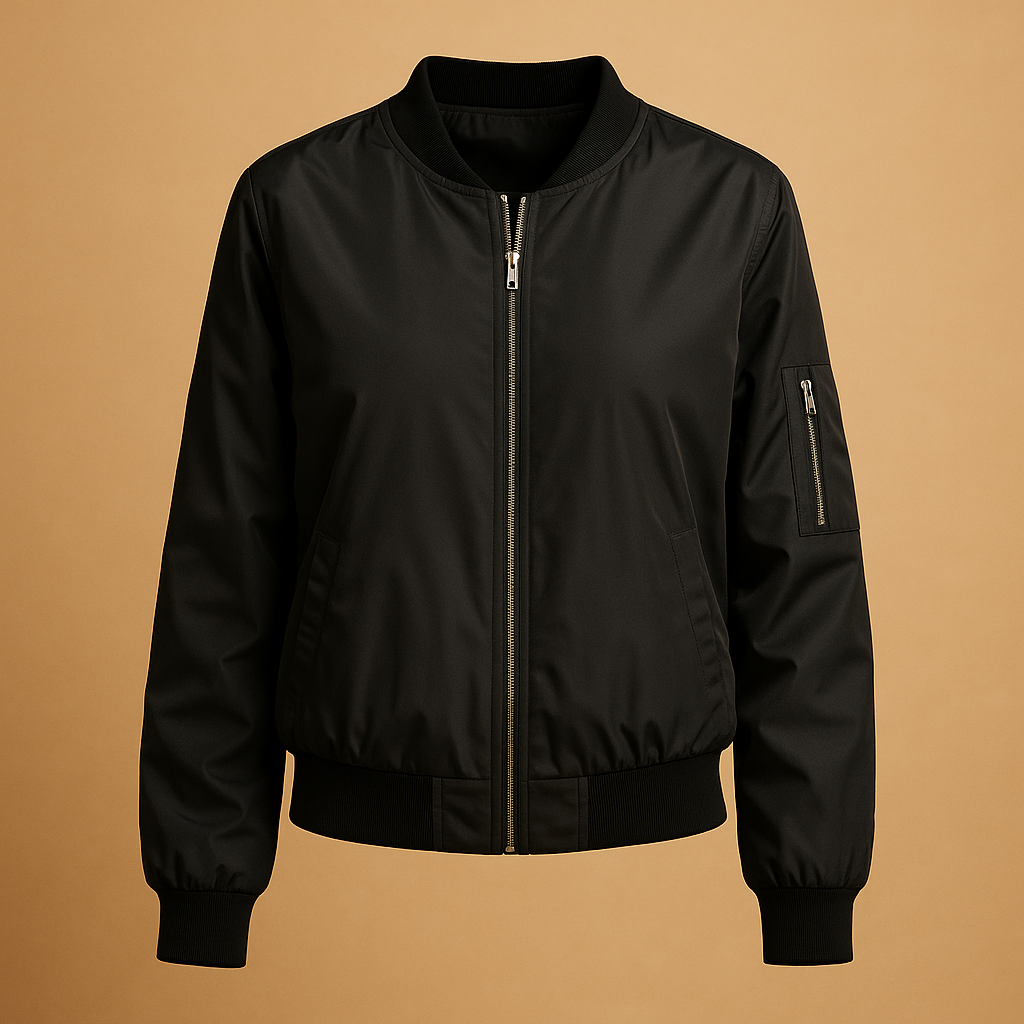 Women's lightweight bomber jacket in black, green, and red, ideal for casual summer days and stylish layering