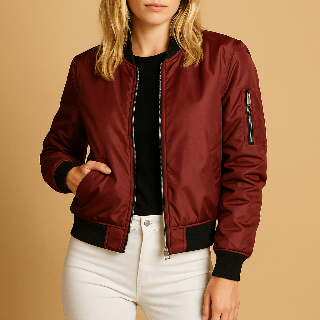 Women's lightweight bomber jacket in black, green, and red, ideal for casual summer days and stylish layering