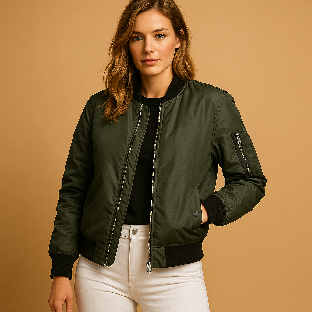 Women's lightweight bomber jacket in black, green, and red, ideal for casual summer days and stylish layering