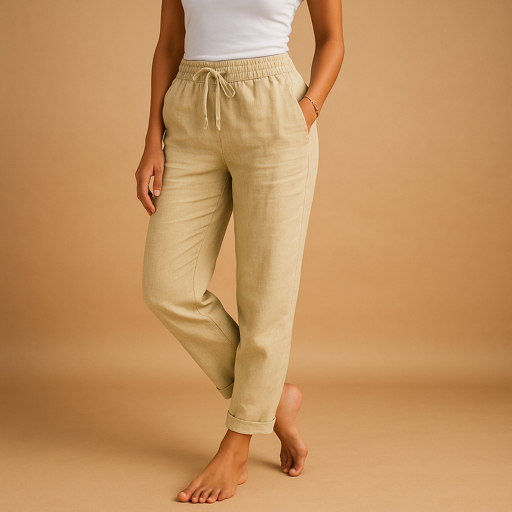 Women’s lightweight elegant pants with elastic waistband and feminine cut, perfect for casual and formal wear.