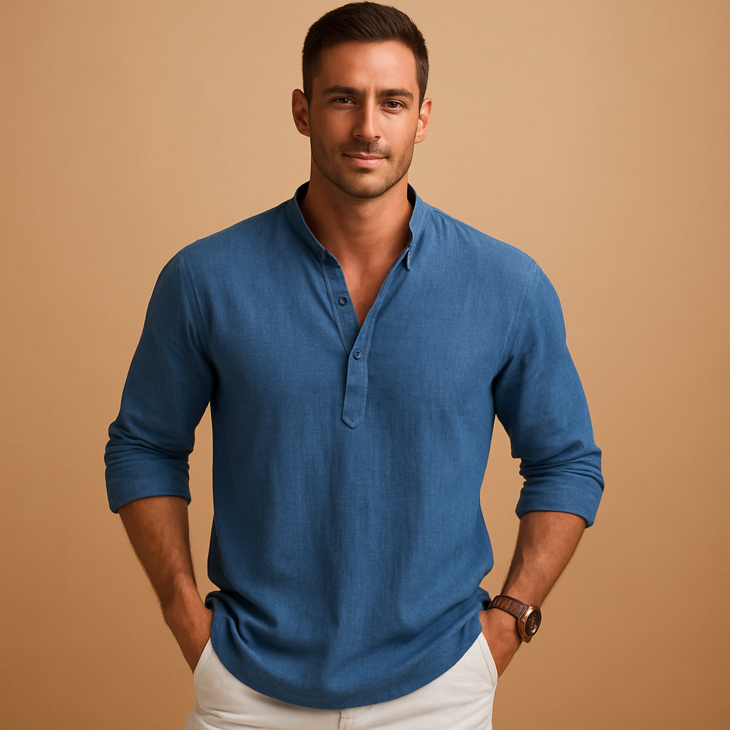 Lightweight long sleeve V-neck shirt for men, available in multiple colors, ideal for summer, work, and casual outings.