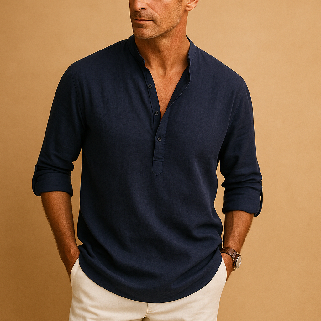 Lightweight long sleeve V-neck shirt for men, available in multiple colors, ideal for summer, work, and casual outings.