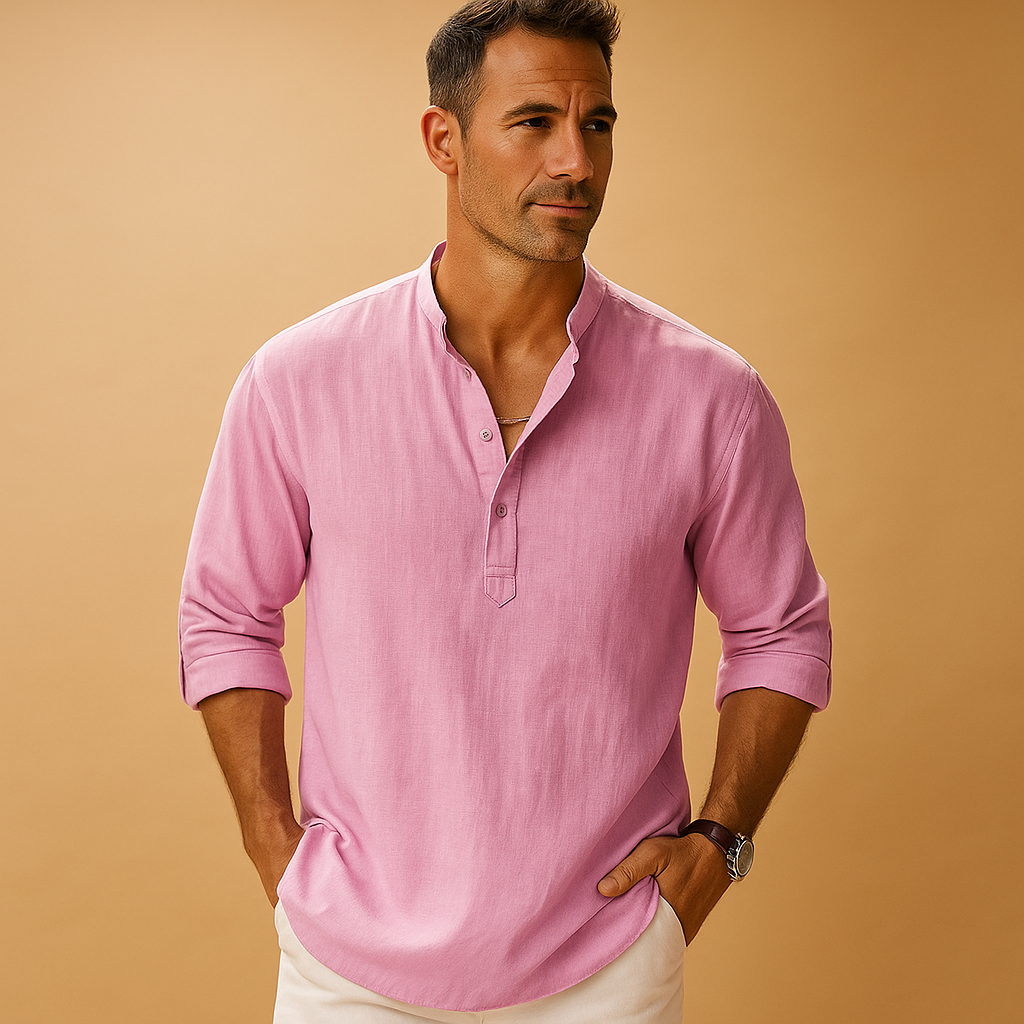 Lightweight long sleeve V-neck shirt for men, available in multiple colors, ideal for summer, work, and casual outings.