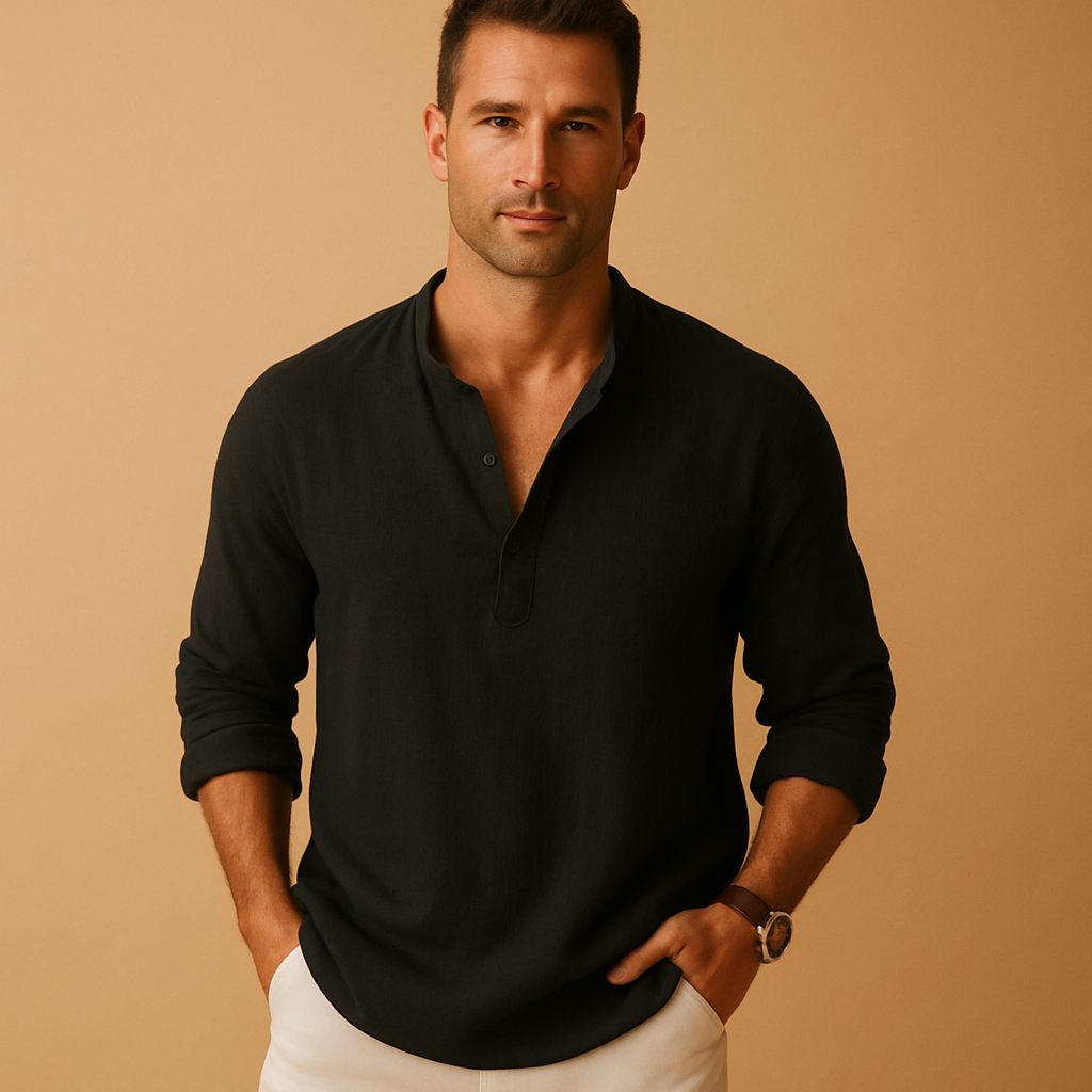 Lightweight long sleeve V-neck shirt for men, available in multiple colors, ideal for summer, work, and casual outings.