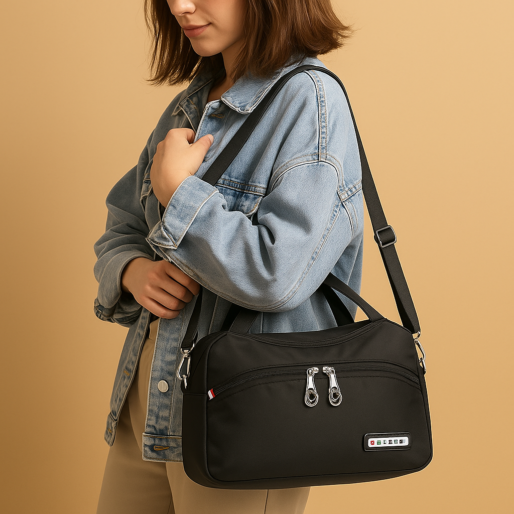 Lightweight messenger bag for women with multiple zippered compartments, hidden anti-theft pocket, and adjustable strap, ideal for travel and everyday use.