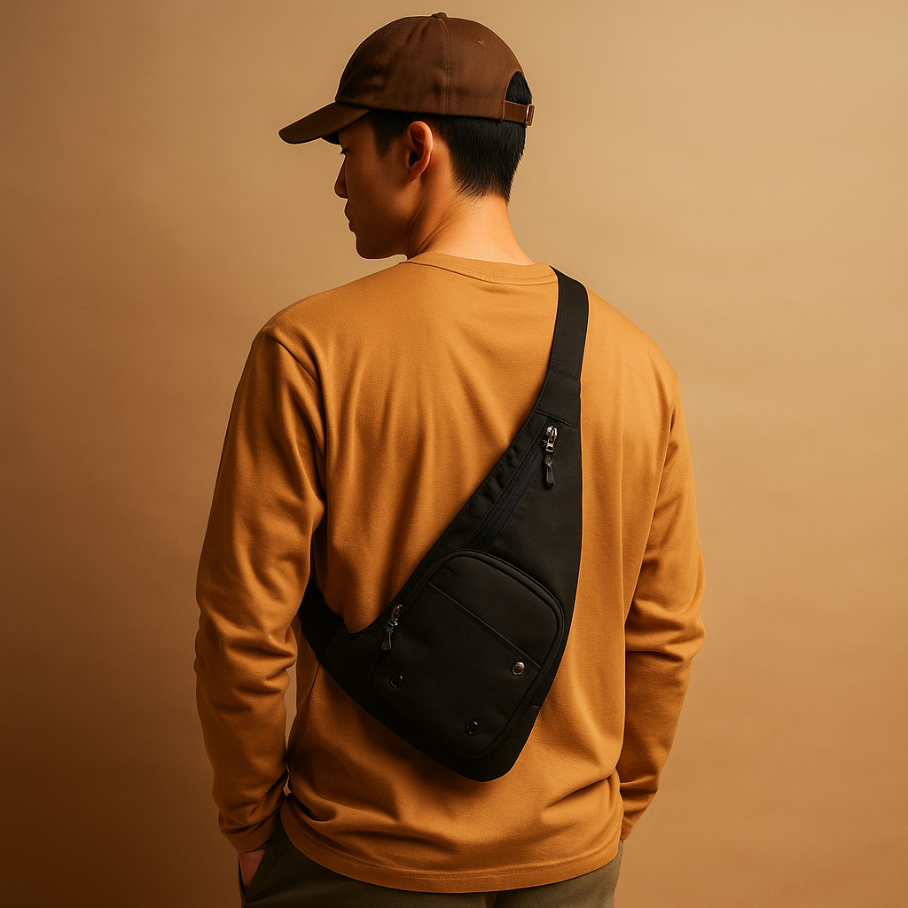Lightweight nylon sling bag for men with zip compartments, buckle pocket, and adjustable strap—ideal for commuting, travel, and outdoor use.