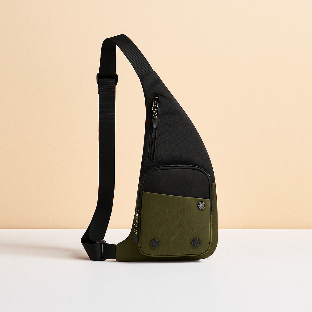 Lightweight nylon sling bag for men with zip compartments, buckle pocket, and adjustable strap—ideal for commuting, travel, and outdoor use.