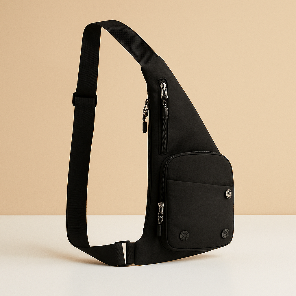 Lightweight nylon sling bag for men with zip compartments, buckle pocket, and adjustable strap—ideal for commuting, travel, and outdoor use.
