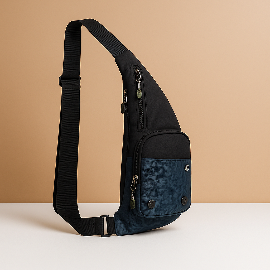 Lightweight nylon sling bag for men with zip compartments, buckle pocket, and adjustable strap—ideal for commuting, travel, and outdoor use.
