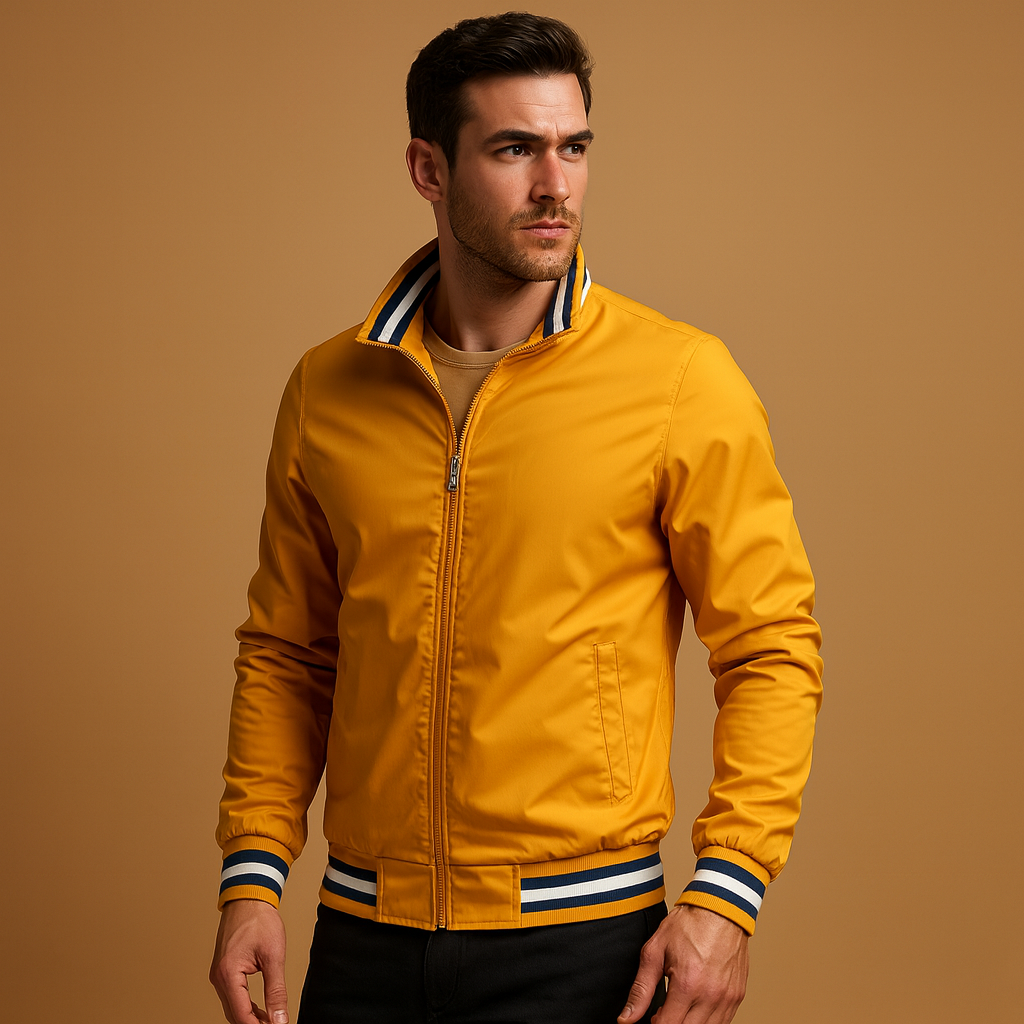 Men’s lightweight summer jacket with breathable fabric, timeless design, and front zipper, perfect for casual and formal outfits during warm days.