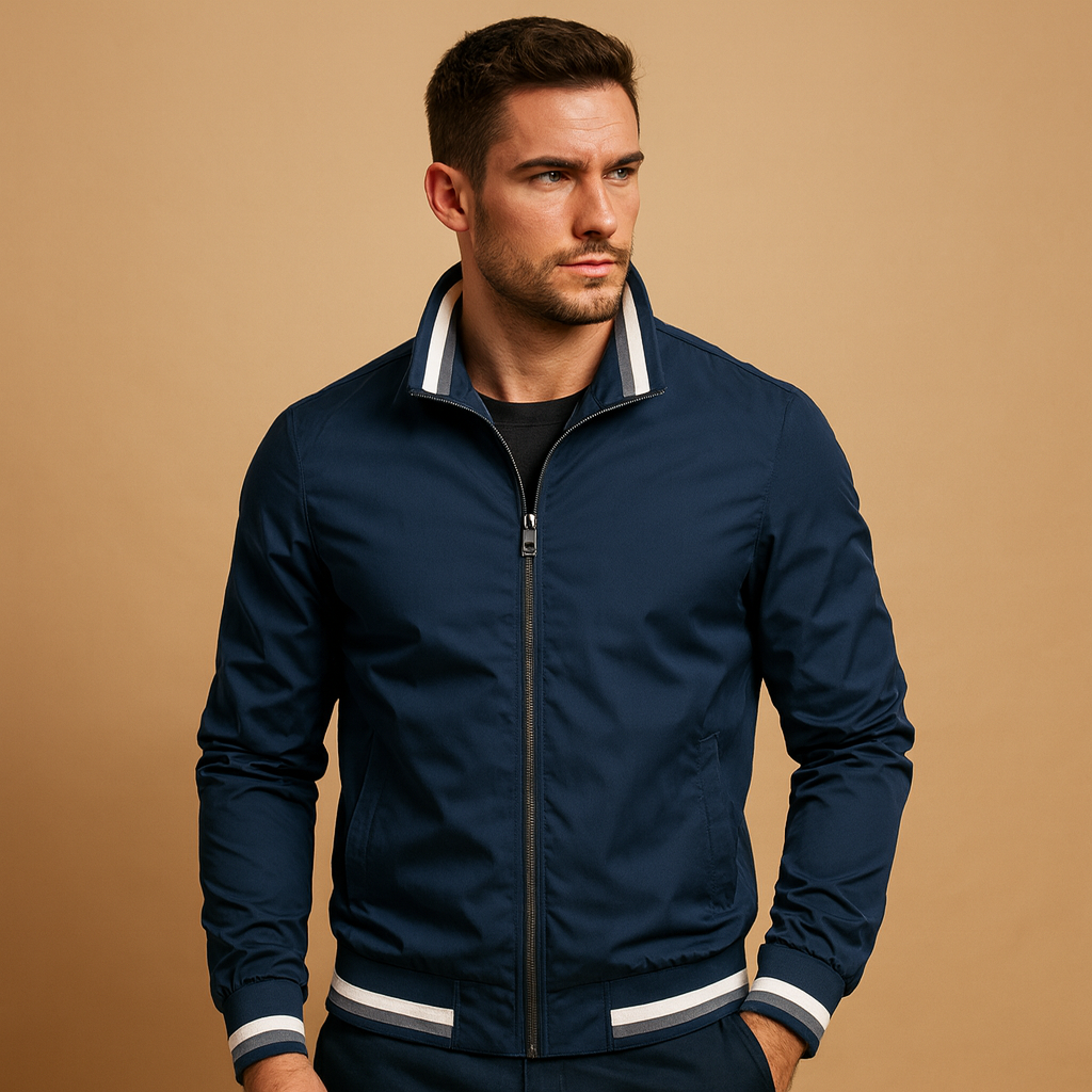 Men’s lightweight summer jacket with breathable fabric, timeless design, and front zipper, perfect for casual and formal outfits during warm days.