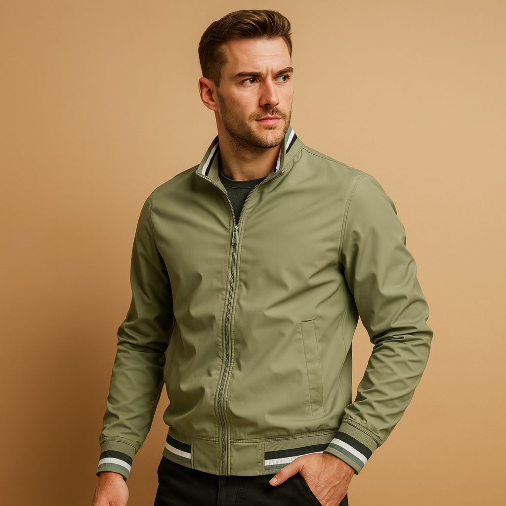 Men’s lightweight summer jacket with breathable fabric, timeless design, and front zipper, perfect for casual and formal outfits during warm days.