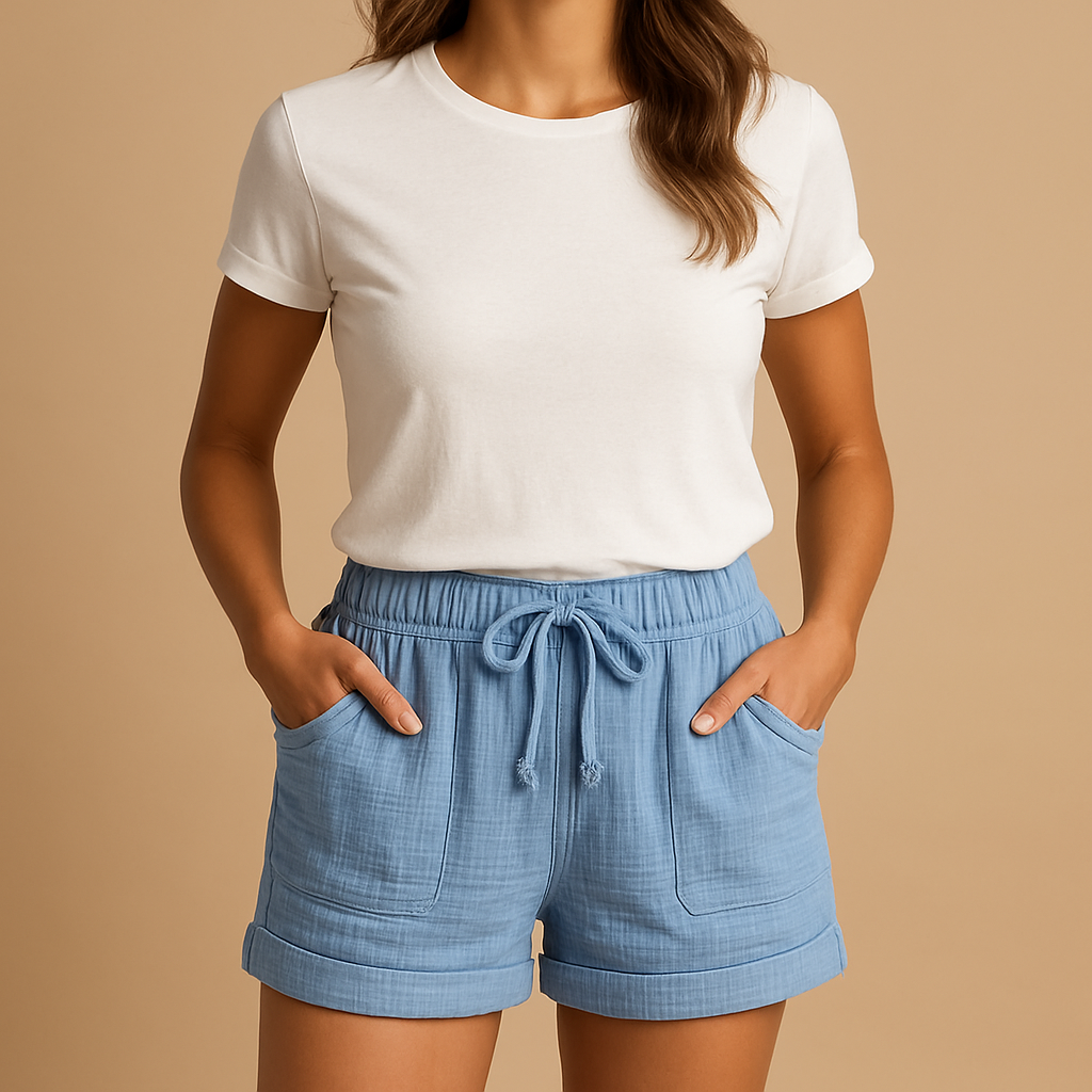 Lightweight summer shorts with elastic waistband and side pockets for women, perfect for warm days, vacations, and casual wear.