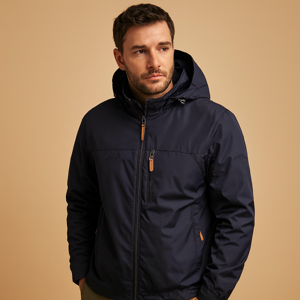 Men’s lightweight waterproof rain jacket with breathable fabric, adjustable hood, and modern design, perfect for city walks and outdoor activities.