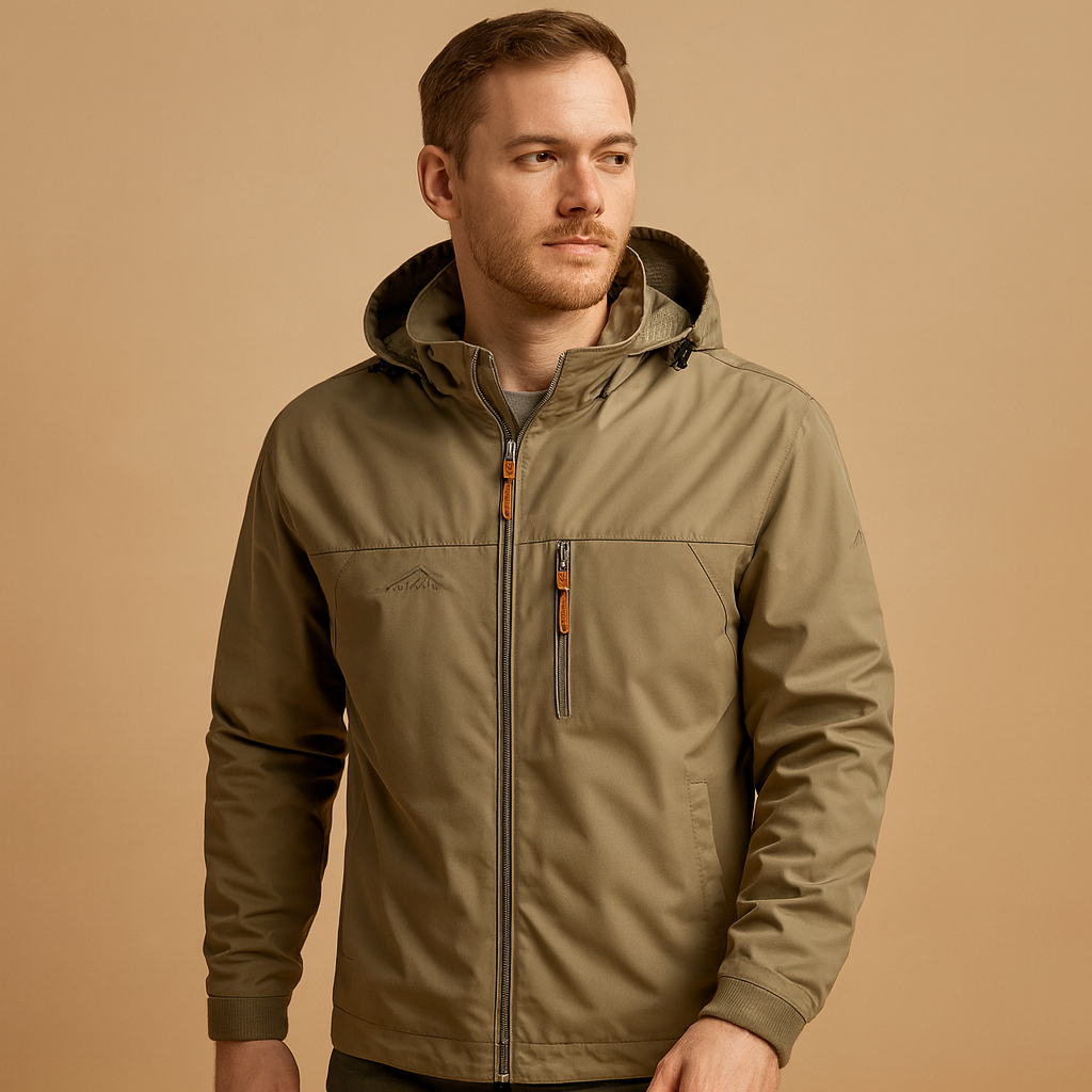 Men’s lightweight waterproof rain jacket with breathable fabric, adjustable hood, and modern design, perfect for city walks and outdoor activities.