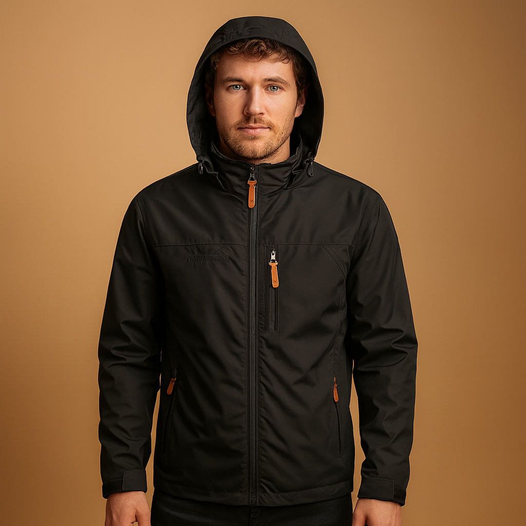 Men’s lightweight waterproof rain jacket with breathable fabric, adjustable hood, and modern design, perfect for city walks and outdoor activities.