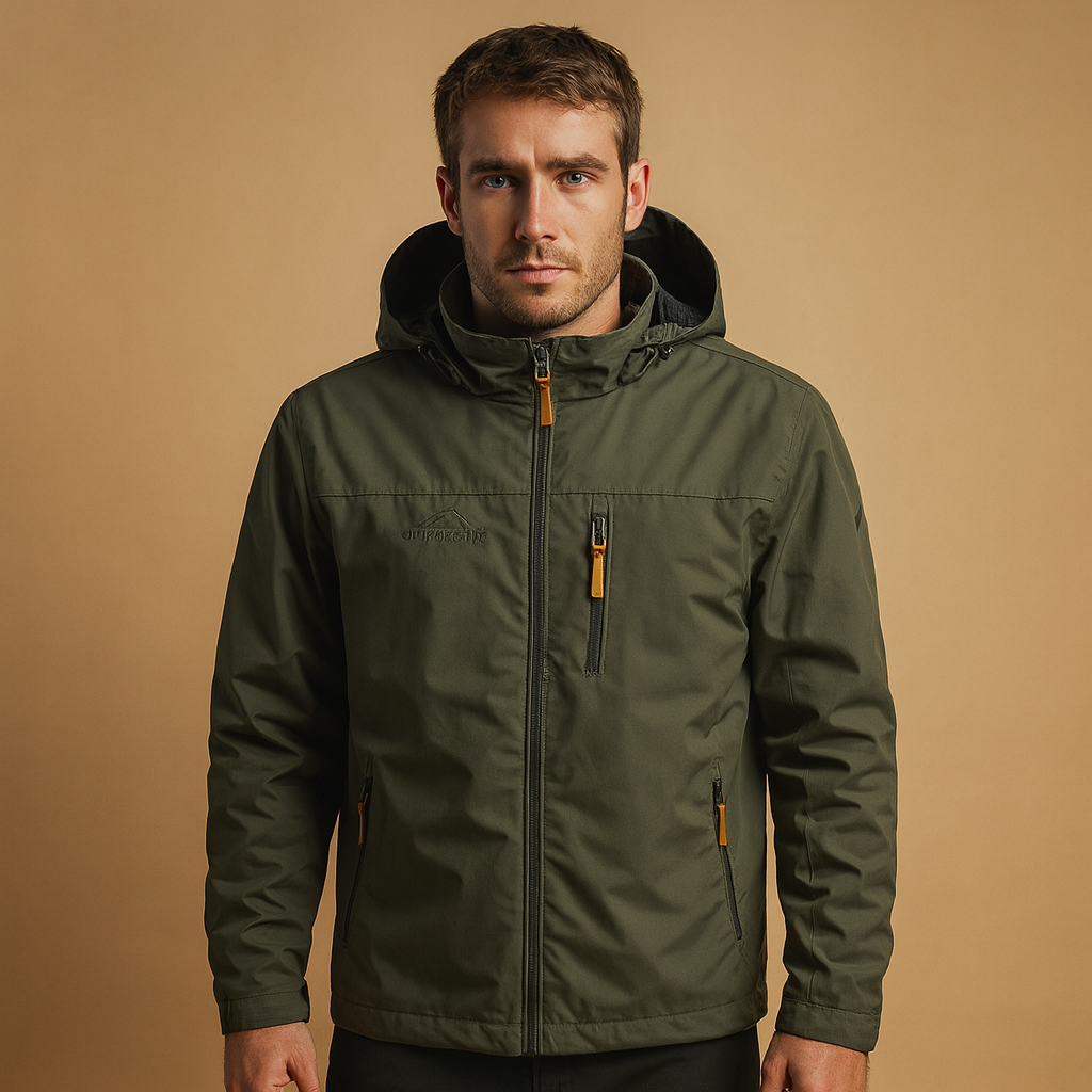Men’s lightweight waterproof rain jacket with breathable fabric, adjustable hood, and modern design, perfect for city walks and outdoor activities.