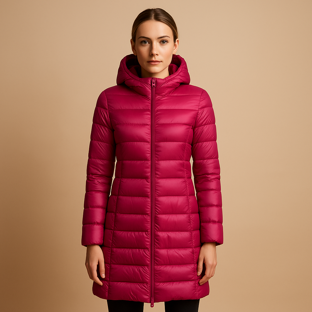 Lightweight padded winter jacket for women with long sleeves and a modern fit, ideal for cold weather and everyday use.
