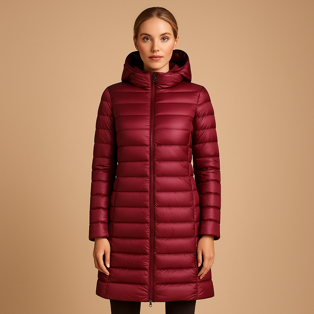 Lightweight padded winter jacket for women with long sleeves and a modern fit, ideal for cold weather and everyday use.