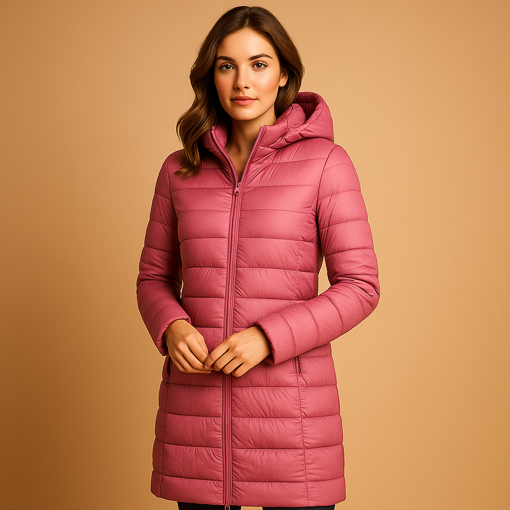 Lightweight padded winter jacket for women with long sleeves and a modern fit, ideal for cold weather and everyday use.