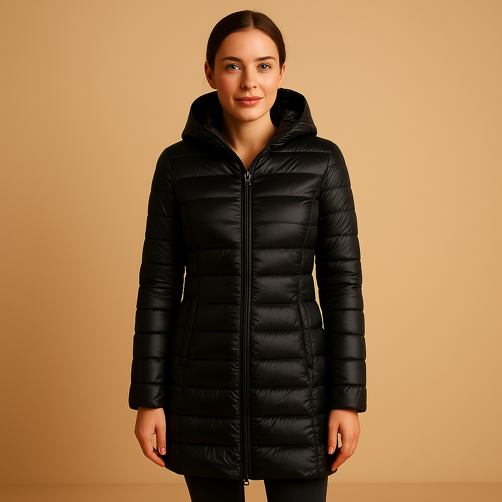 Lightweight padded winter jacket for women with long sleeves and a modern fit, ideal for cold weather and everyday use.