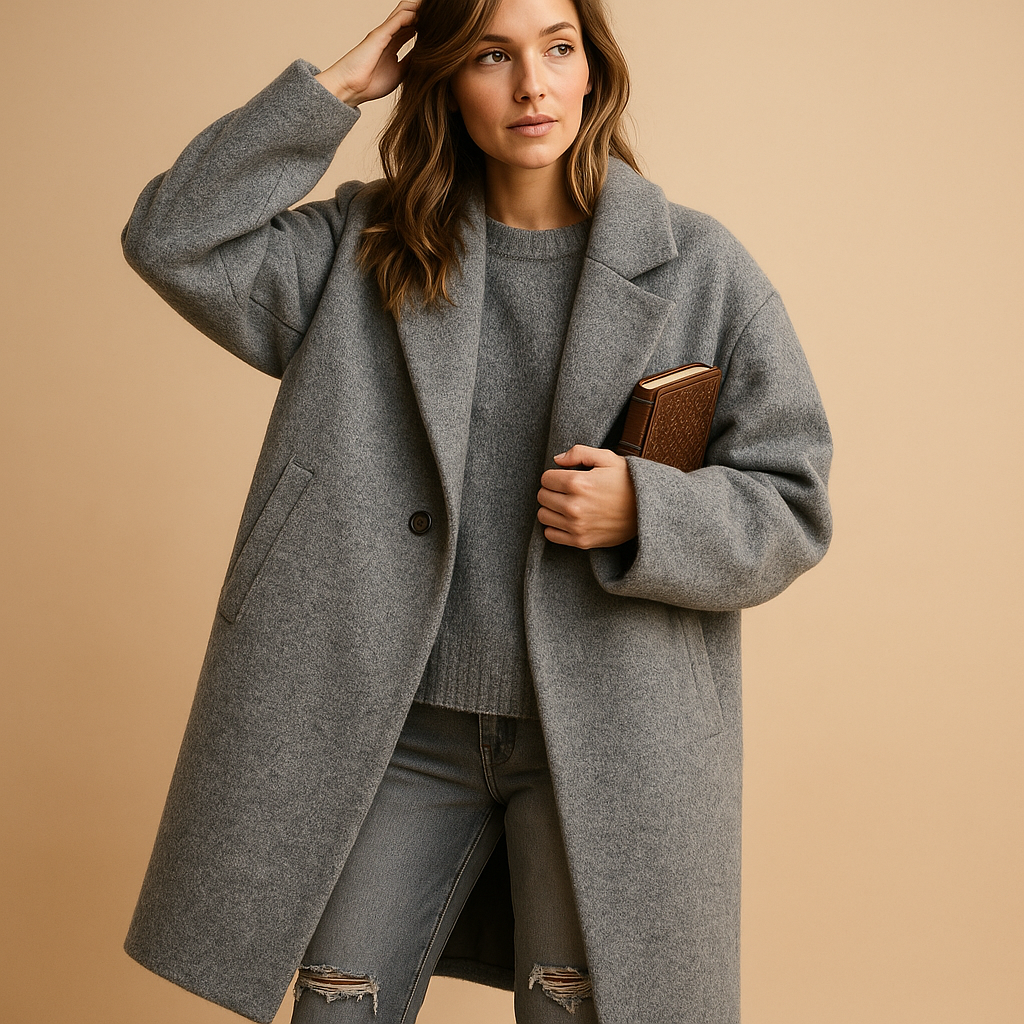 Elegant long autumn coat for women with practical pockets and a relaxed fit, ideal for stylish everyday wear in cooler seasons.