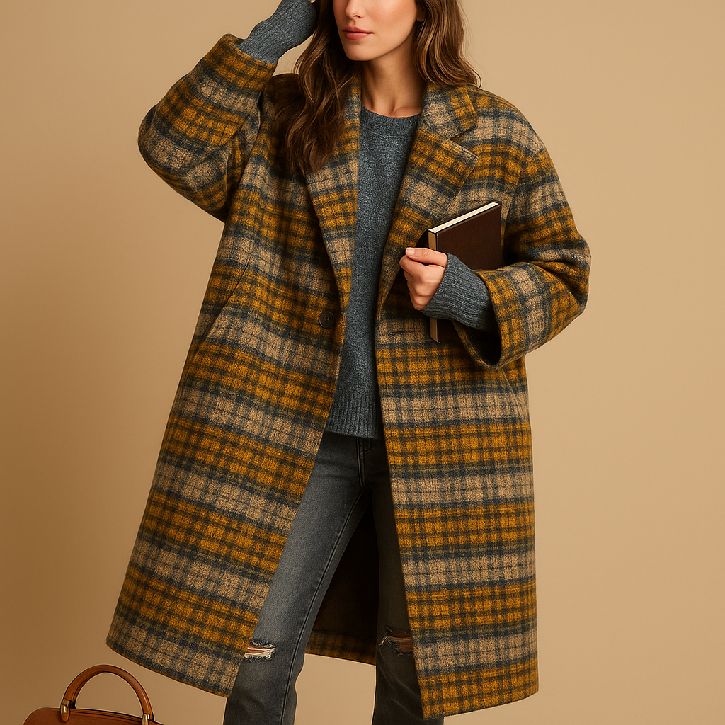 Elegant long autumn coat for women with practical pockets and a relaxed fit, ideal for stylish everyday wear in cooler seasons.