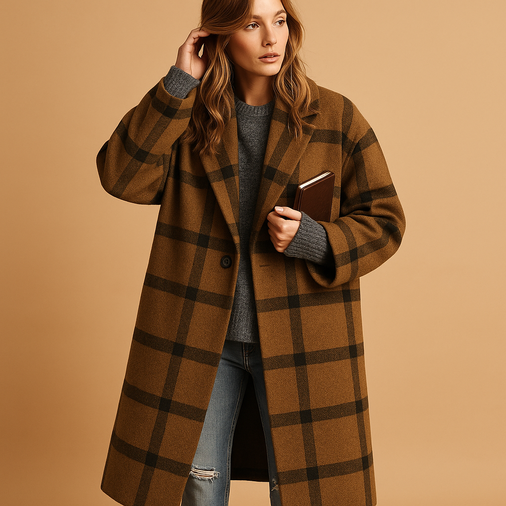 Elegant long autumn coat for women with practical pockets and a relaxed fit, ideal for stylish everyday wear in cooler seasons.