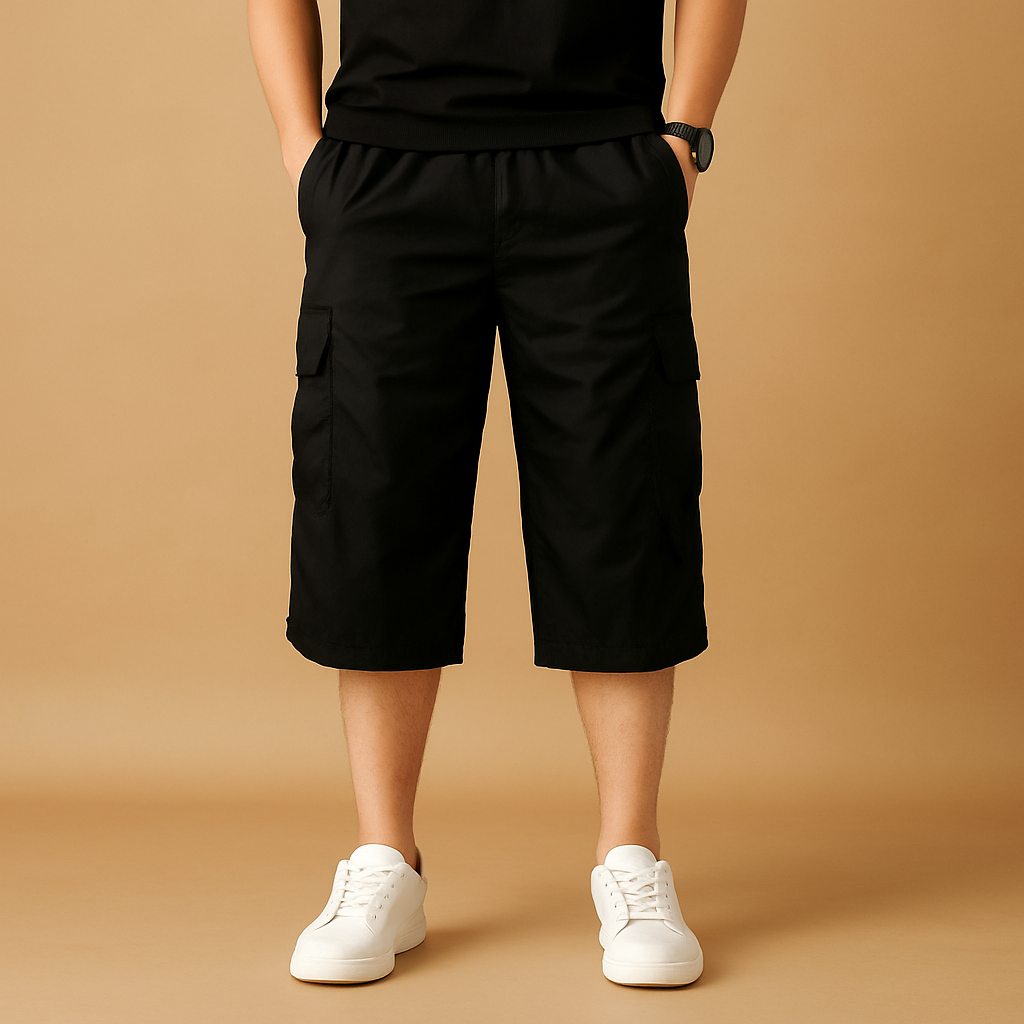 Men’s long cotton cargo shorts with relaxed fit and multiple pockets, perfect for summer, travel, and casual outdoor looks