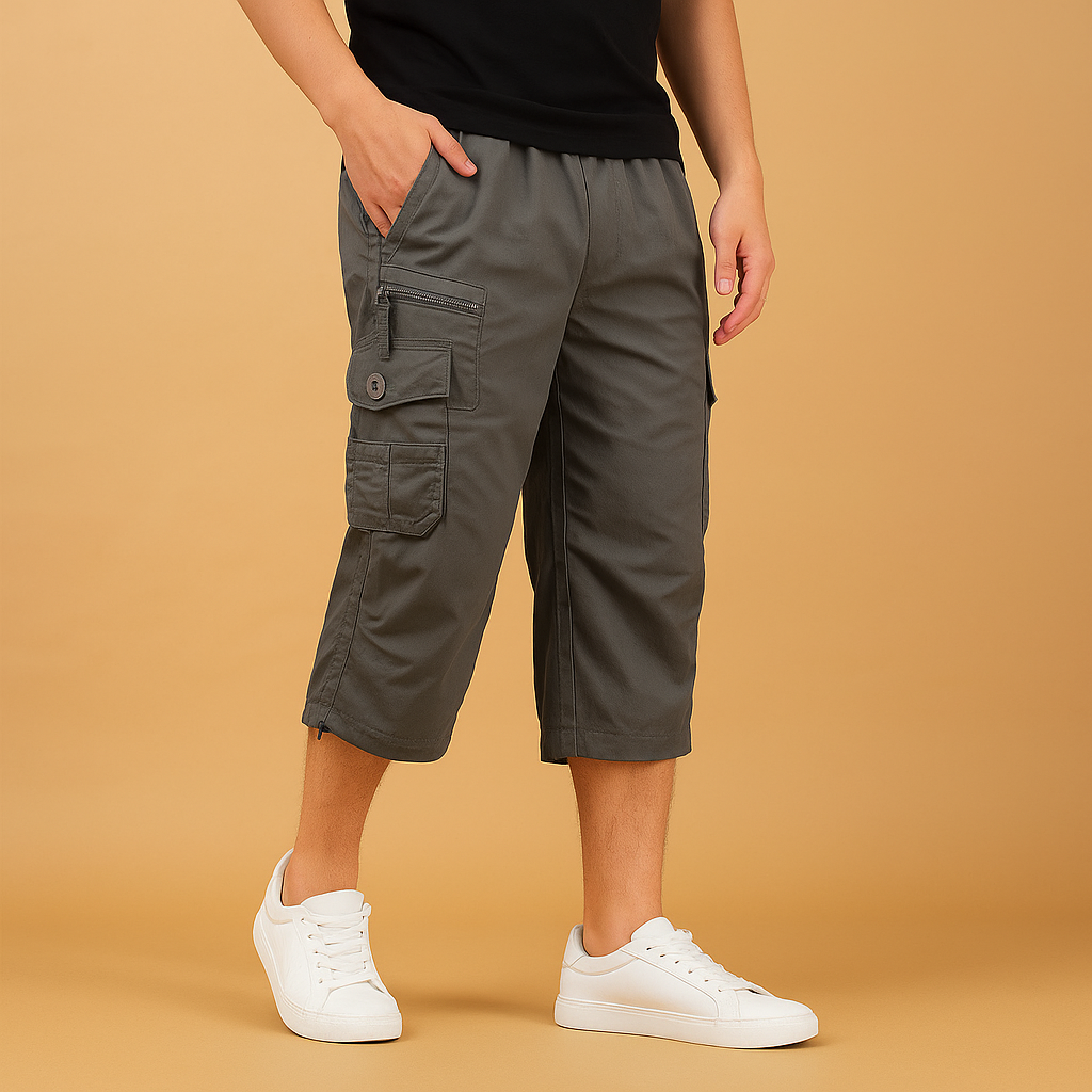 Men’s long cotton cargo shorts with relaxed fit and multiple pockets, perfect for summer, travel, and casual outdoor looks