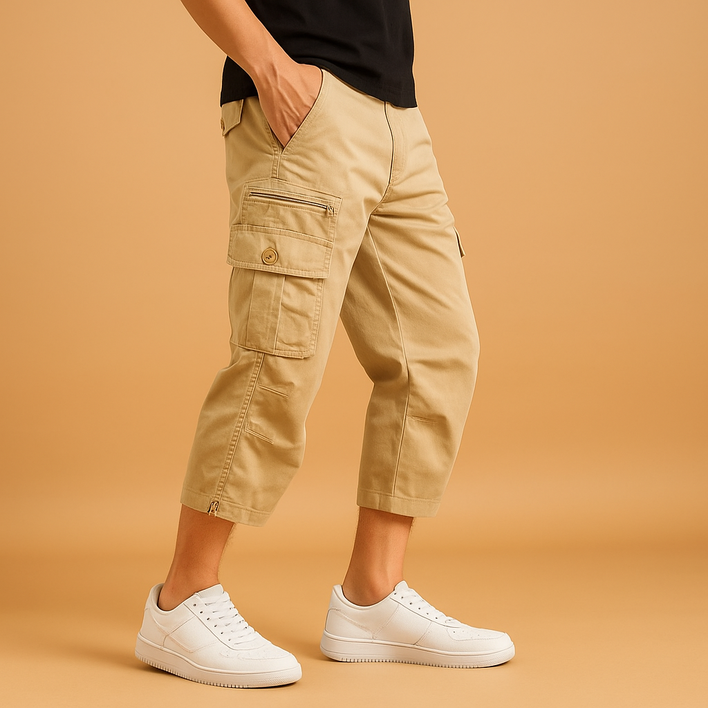 Men’s long cotton cargo shorts with relaxed fit and multiple pockets, perfect for summer, travel, and casual outdoor looks