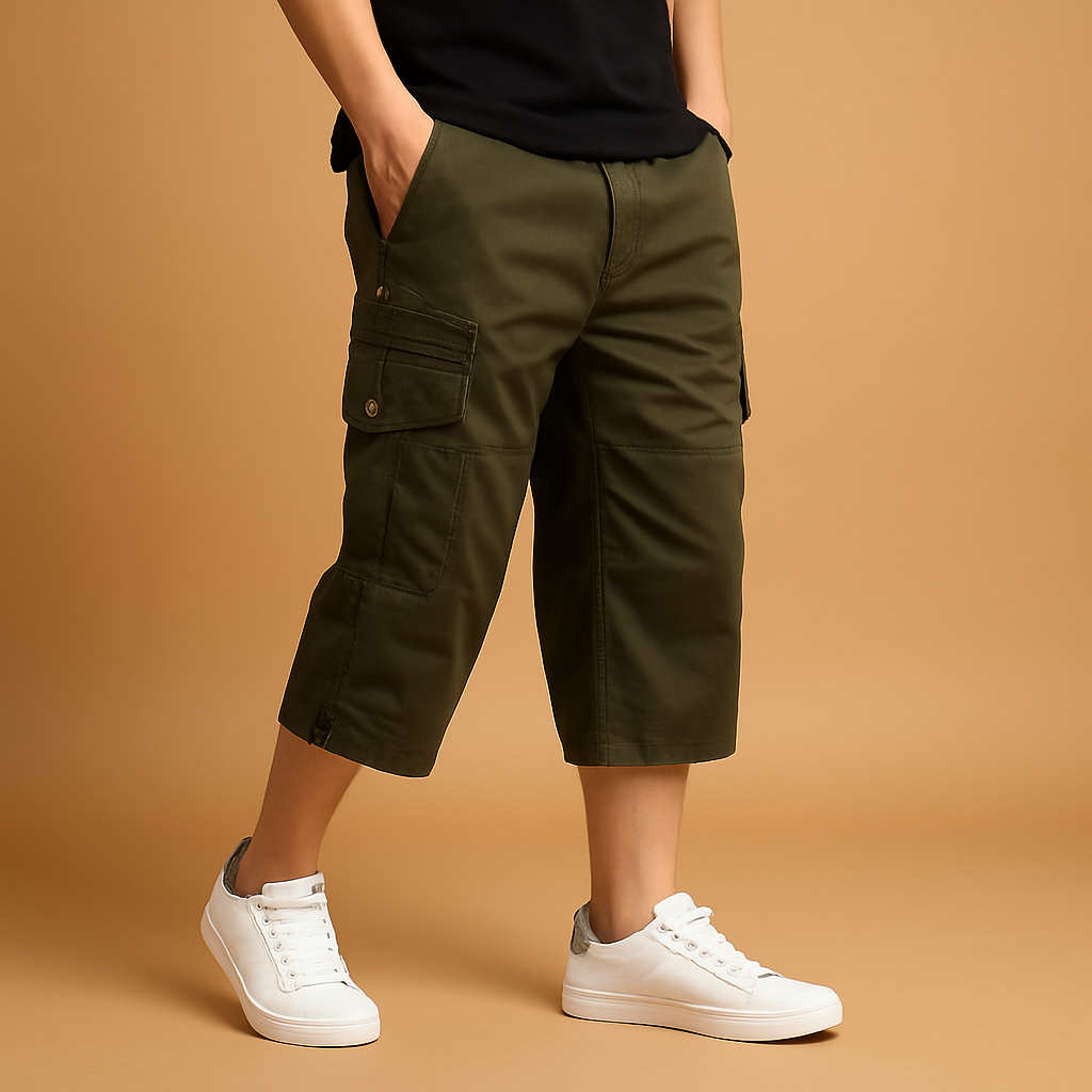 Men’s long cotton cargo shorts with relaxed fit and multiple pockets, perfect for summer, travel, and casual outdoor looks