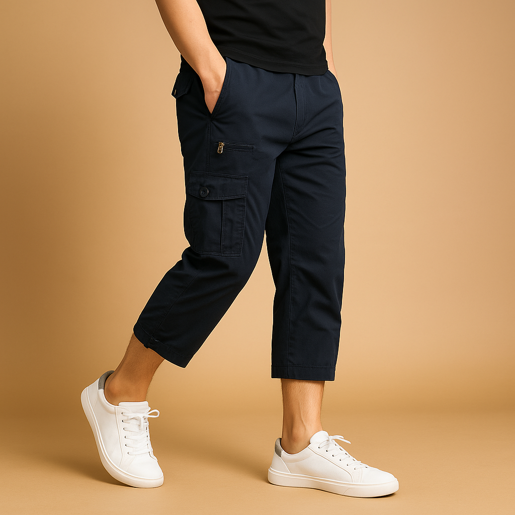 Men’s long cotton cargo shorts with relaxed fit and multiple pockets, perfect for summer, travel, and casual outdoor looks