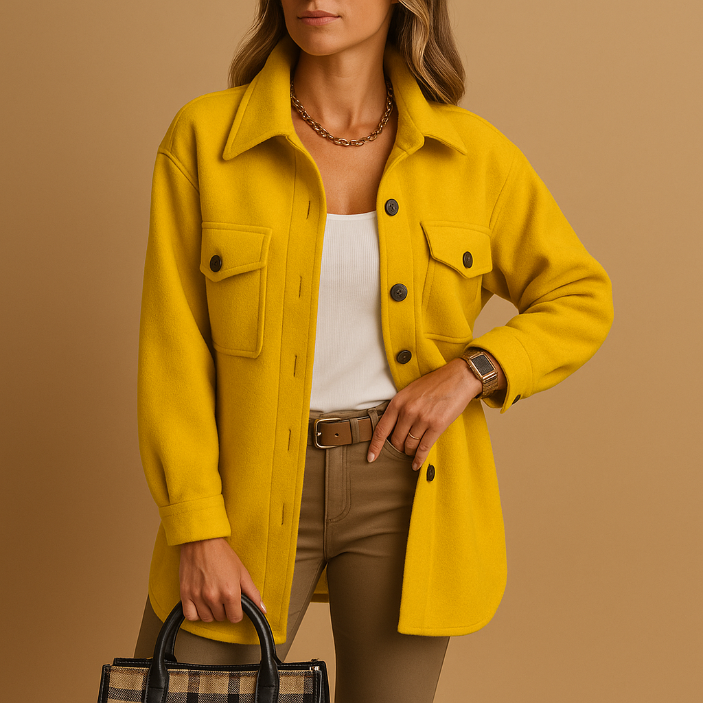 Women’s long winter coat with tailored design in yellow, khaki, white, black, and blue—ideal for elegant and warm seasonal wear