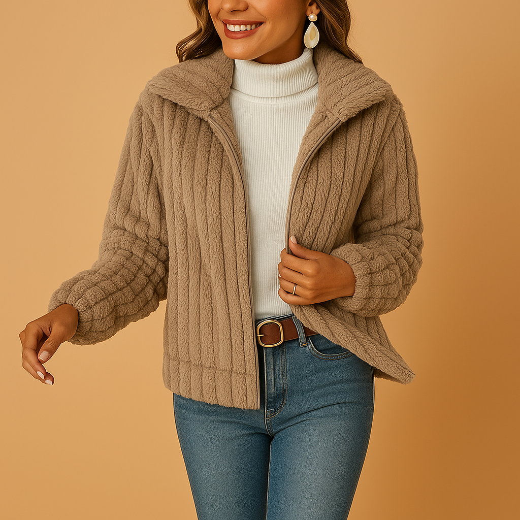 Long fleece cardigan for women with stand-up collar, soft texture, and practical pockets, perfect for warmth and elegant everyday layering.