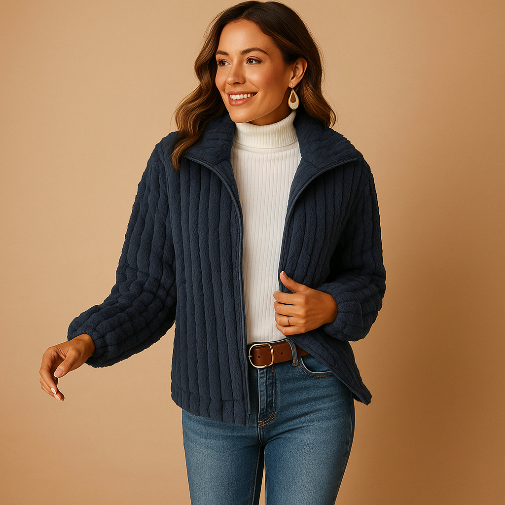 Long fleece cardigan for women with stand-up collar, soft texture, and practical pockets, perfect for warmth and elegant everyday layering.