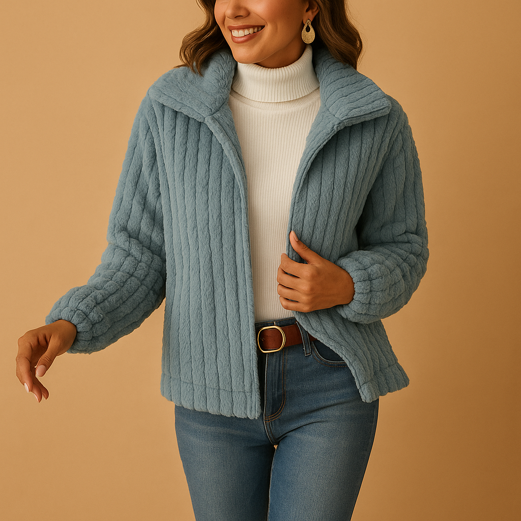 Long fleece cardigan for women with stand-up collar, soft texture, and practical pockets, perfect for warmth and elegant everyday layering.