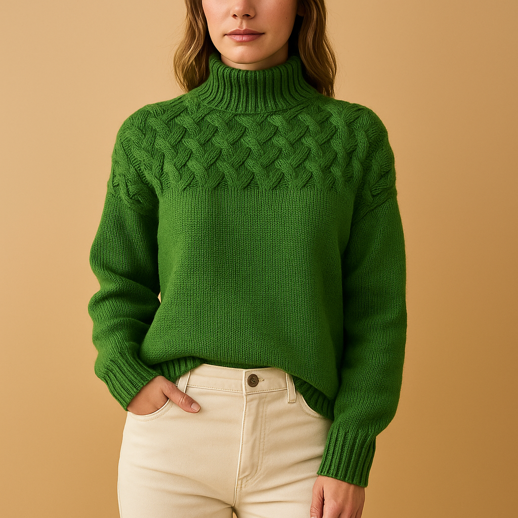 Long knit turtleneck sweater for women in soft fabric with relaxed fit, available in pink, green, and blue—perfect for stylish winter layering.