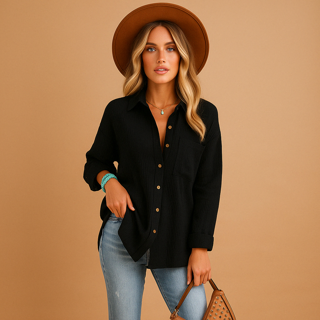 Long sleeve polo shirt for women in cotton blend with button-up collar and chest pocket, perfect for work or casual wear.