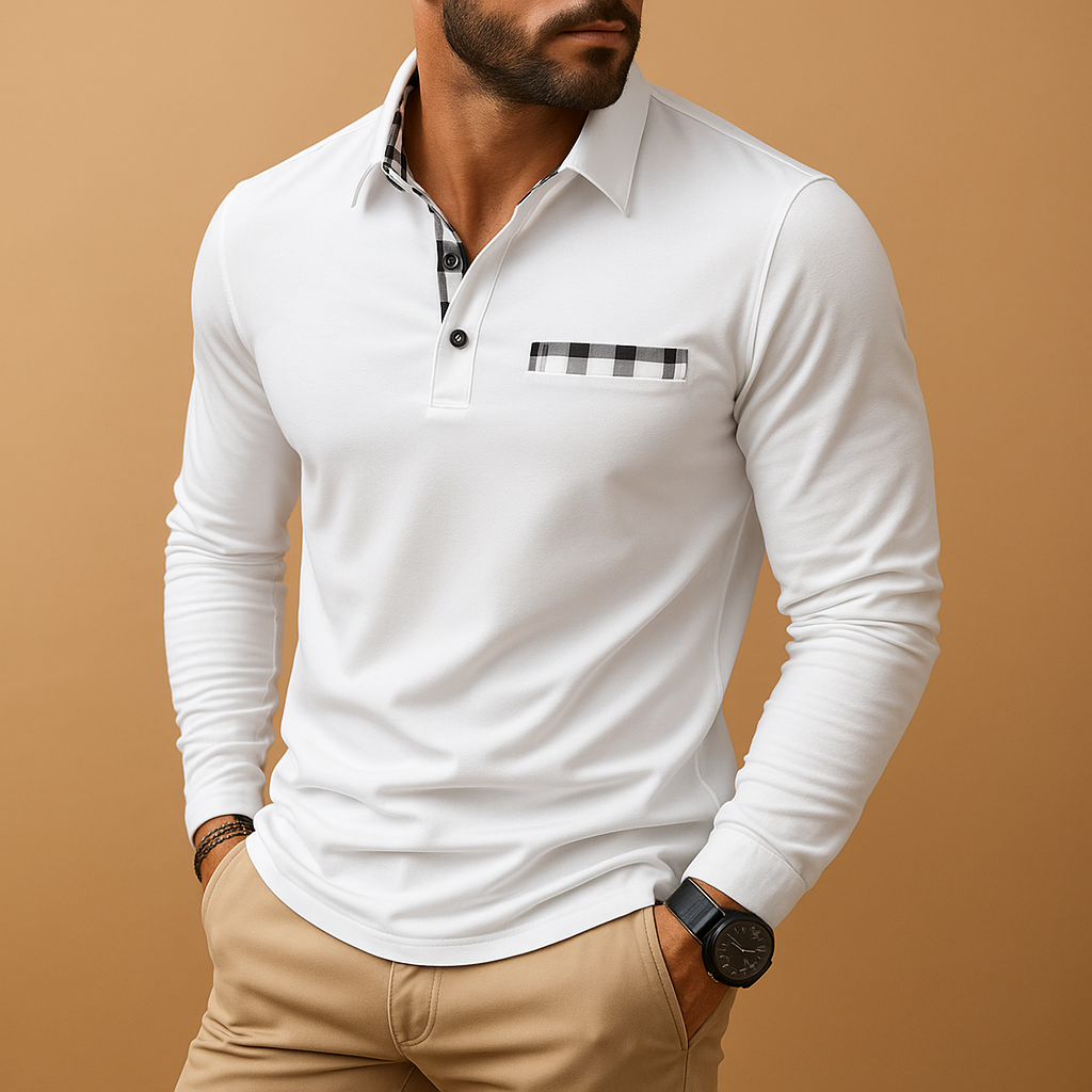 Men’s long sleeve polo shirt with collar and button closure, breathable fabric, available in black, navy blue, silver grey, and white.