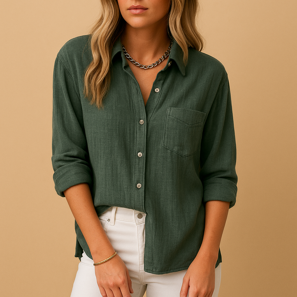 Long sleeve shirt blouse for women with classic collar and chest pockets, available in multiple colors, ideal for everyday styling.