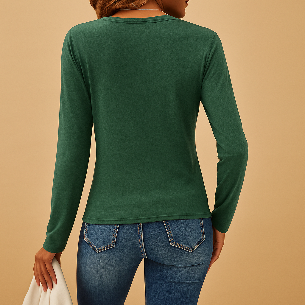 Long sleeve V-neck shirt for women in black, brown, or green with a classic and comfortable fit, perfect for work or casual outfits.