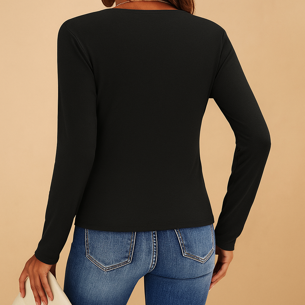Long sleeve V-neck shirt for women in black, brown, or green with a classic and comfortable fit, perfect for work or casual outfits.
