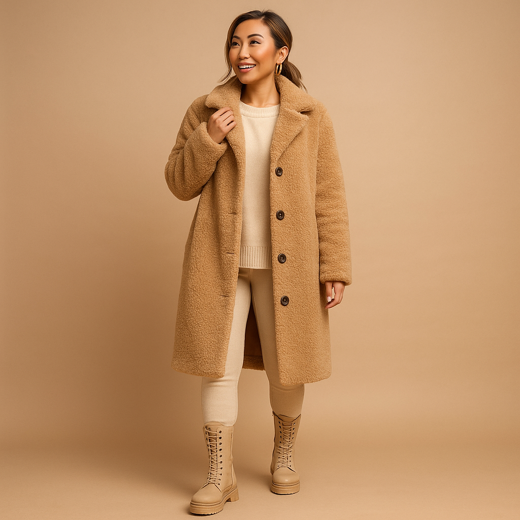 Long beige teddy coat for women, designed for winter comfort and timeless style, with soft fabric and elegant silhouette for casual and formal looks