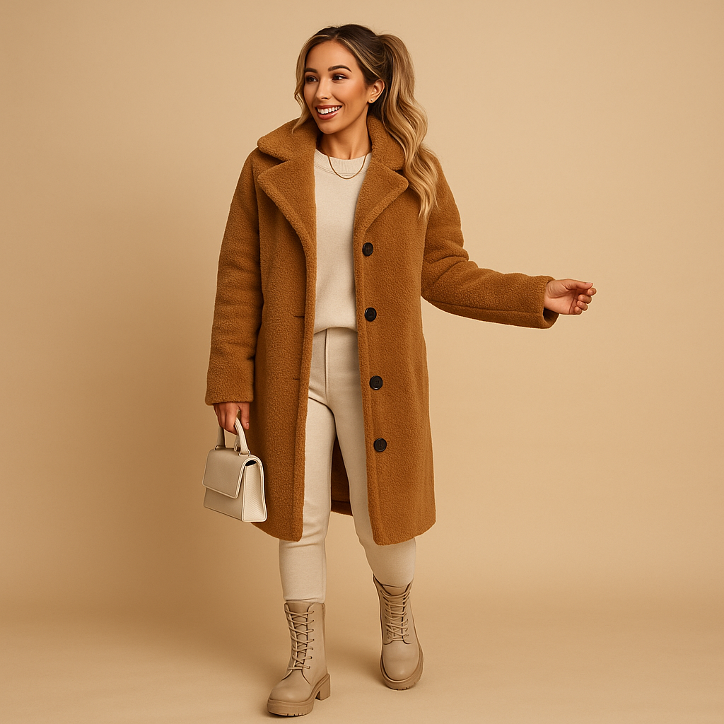 Long beige teddy coat for women, designed for winter comfort and timeless style, with soft fabric and elegant silhouette for casual and formal looks