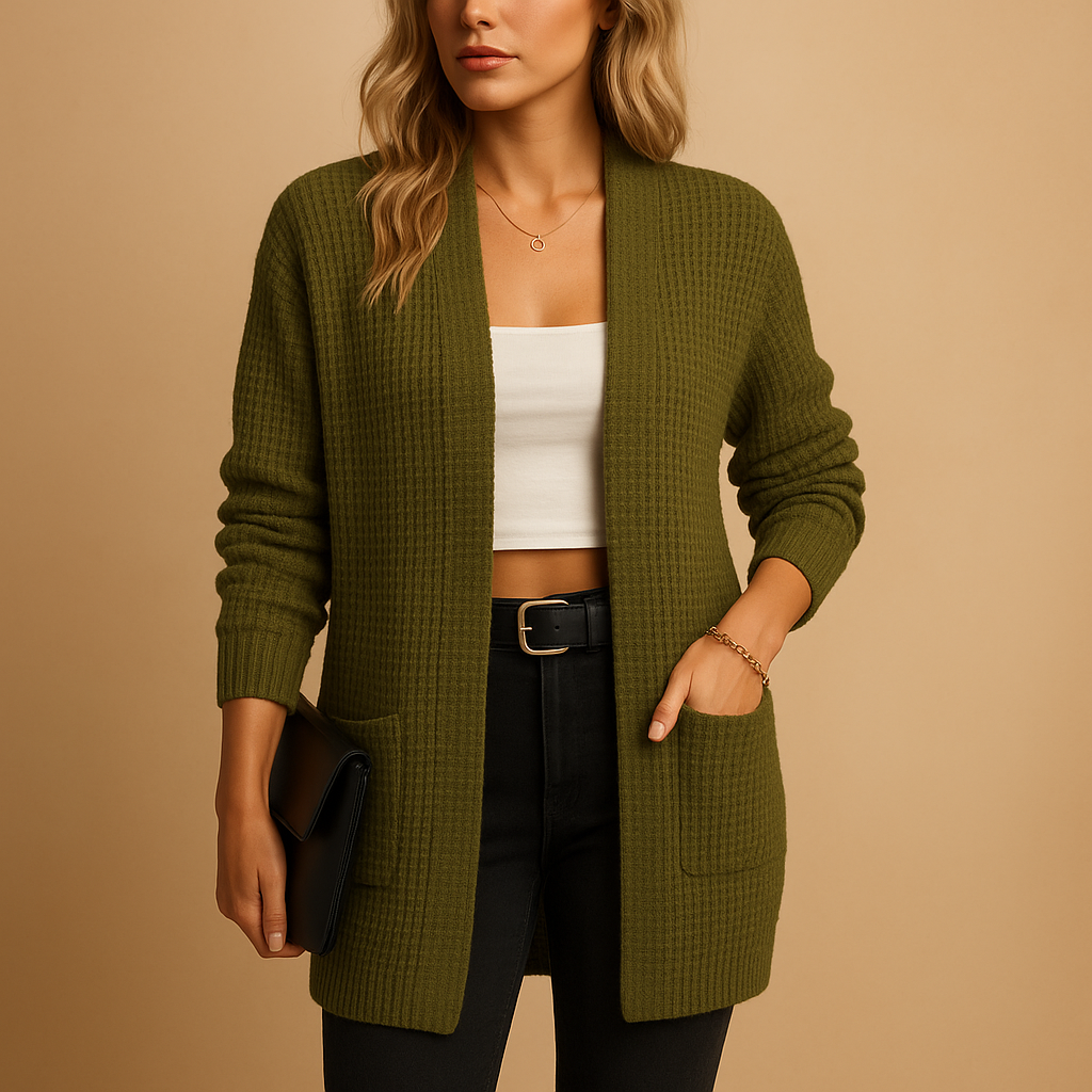 Women’s long cardigan with V-neck and front pockets, available in solid colors like grey and pink—perfect for layering in fall and winter.