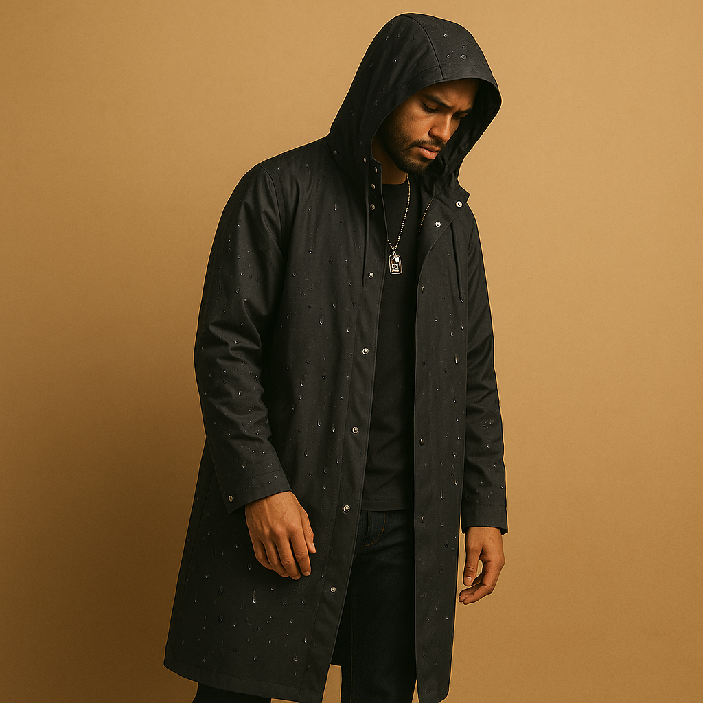 Men’s long waterproof rain jacket in black with thick lining, ideal for rainy outdoor activities like hiking, camping, and walking