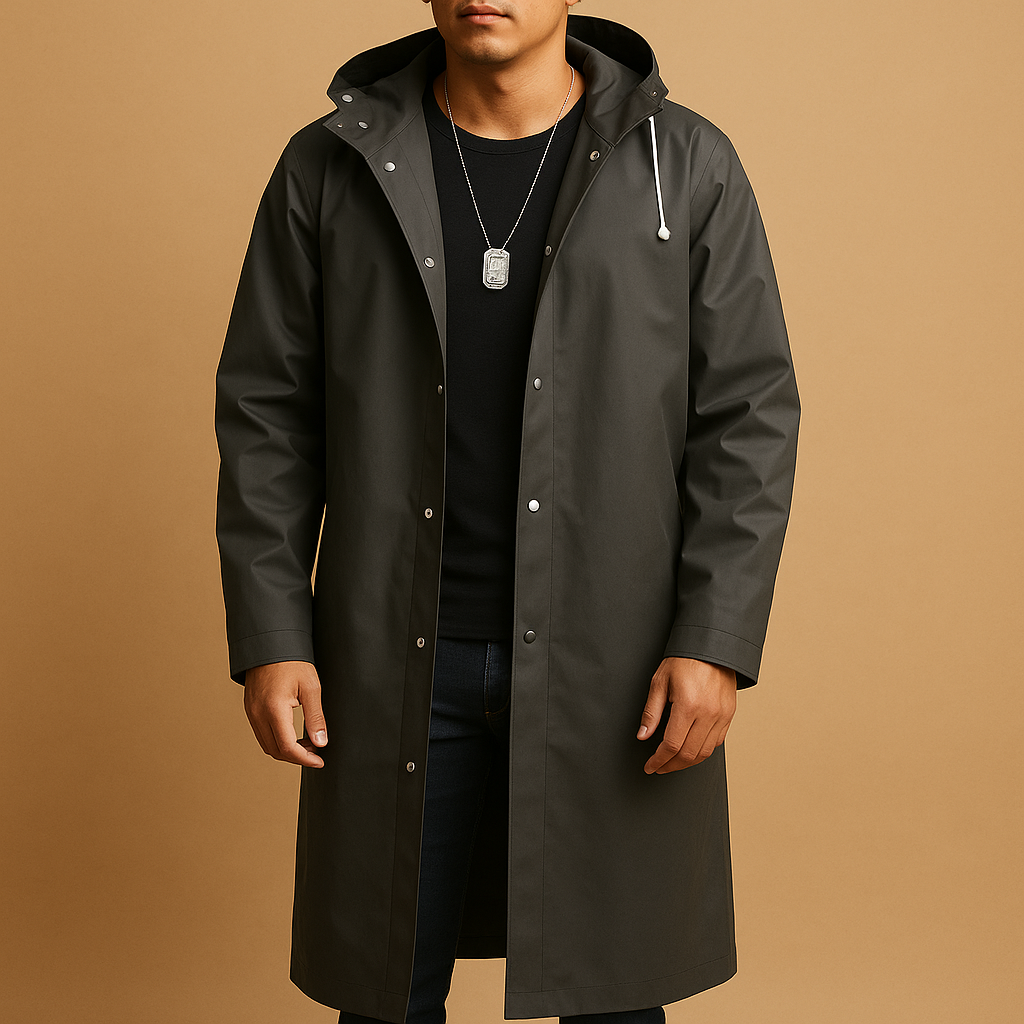 Men’s long waterproof rain jacket in black with thick lining, ideal for rainy outdoor activities like hiking, camping, and walking