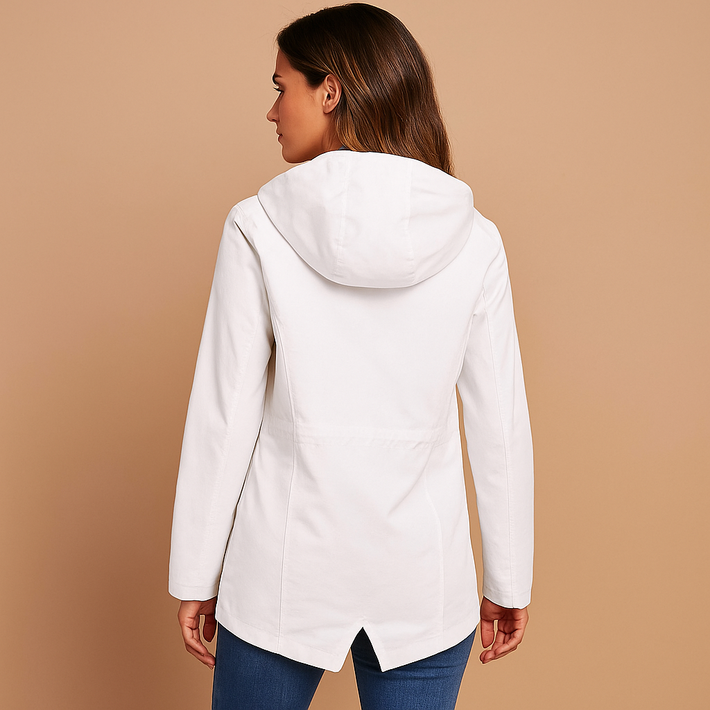Long waterproof raincoat for women in beige with adjustable hood, breathable fabric, and full-length design, perfect for wet weather